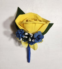 Load image into Gallery viewer, Yellow Royal Blue Rose Calla Lily Real Touch Bridal Wedding Bouquet Accessories