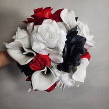 Load image into Gallery viewer, Red Black White Rose Calla Lily Bridal Wedding Bouquet Accessories