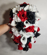 Load image into Gallery viewer, Red Black White Rose Calla Lily Bridal Wedding Bouquet Accessories