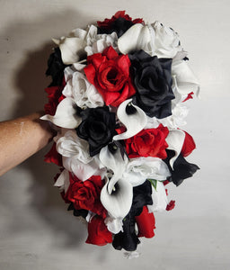 Red Black White Rose Calla Lily Bridal Wedding Bouquet Accessories