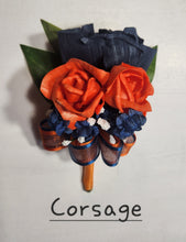 Load image into Gallery viewer, Orange Navy Blue Rose Calla Lily Sola Wood Bridal Wedding Bouquet Accessories