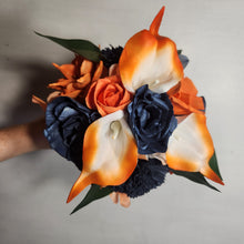 Load image into Gallery viewer, Orange Navy Blue Rose Calla Lily Sola Wood Bridal Wedding Bouquet Accessories