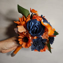 Load image into Gallery viewer, Orange Navy Blue Rose Calla Lily Sola Wood Bridal Wedding Bouquet Accessories