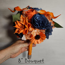 Load image into Gallery viewer, Orange Navy Blue Rose Calla Lily Sola Wood Bridal Wedding Bouquet Accessories