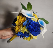 Load image into Gallery viewer, Yellow Royal Blue Rose Calla Lily Real Touch Bridal Wedding Bouquet Accessories