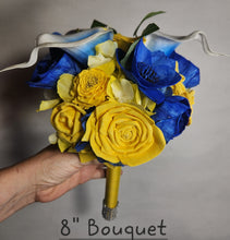 Load image into Gallery viewer, Yellow Royal Blue Rose Calla Lily Real Touch Bridal Wedding Bouquet Accessories