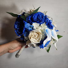 Load image into Gallery viewer, Royal Blue Ivory Rose Call Lily Sola Wood Bridal Wedding Bouquet Accessories