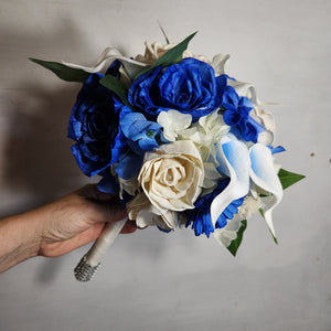 Royal Blue Ivory Rose Call Lily Sola Wood Bridal Wedding Bouquet Accessories