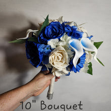 Load image into Gallery viewer, Royal Blue Ivory Rose Call Lily Sola Wood Bridal Wedding Bouquet Accessories