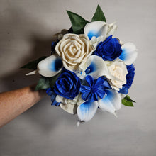 Load image into Gallery viewer, Royal Blue Ivory Rose Call Lily Sola Wood Bridal Wedding Bouquet Accessories