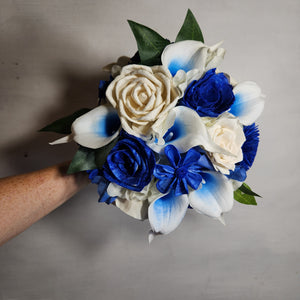 Royal Blue Ivory Rose Call Lily Sola Wood Bridal Wedding Bouquet Accessories