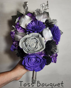 Purple Silver Black Rose Calla Lily Sola Wood Bridal Wedding Bouquet Accessories