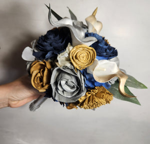 Navy Blue Silver Gold Rose Calla Lily Sola Wood Bridal Wedding Bouquet Accessories