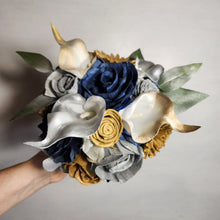 Load image into Gallery viewer, Navy Blue Silver Gold Rose Calla Lily Sola Wood Bridal Wedding Bouquet Accessories