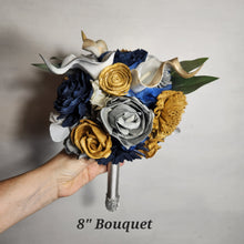 Load image into Gallery viewer, Navy Blue Silver Gold Rose Calla Lily Sola Wood Bridal Wedding Bouquet Accessories