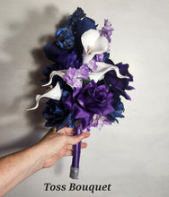 Load image into Gallery viewer, Purple Navy Blue Rose Calla Lily Bridal Wedding Bouquet Accessories