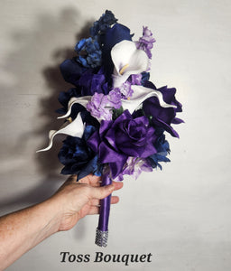 Purple Navy Blue Rose Calla Lily Bridal Wedding Bouquet Accessories