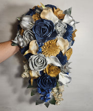 Load image into Gallery viewer, Navy Blue Silver Gold Rose Calla Lily Sola Wood Bridal Wedding Bouquet Accessories