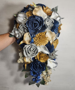 Navy Blue Silver Gold Rose Calla Lily Sola Wood Bridal Wedding Bouquet Accessories