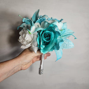 Aqua White Rose Tiger Lily Bridal Wedding Bouquet Accessories