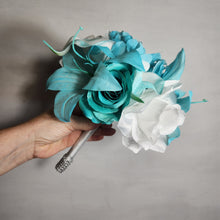 Load image into Gallery viewer, Aqua White Rose Tiger Lily Bridal Wedding Bouquet Accessories