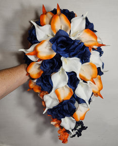 Orange Navy Blue Rose Calla Lily Bridal Wedding Bouquet Accessories