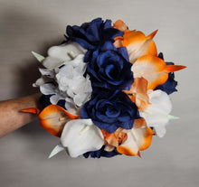 Load image into Gallery viewer, Orange Navy Blue Rose Calla Lily Bridal Wedding Bouquet Accessories