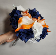 Load image into Gallery viewer, Orange Navy Blue Rose Calla Lily Bridal Wedding Bouquet Accessories