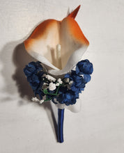 Load image into Gallery viewer, Orange Navy Blue Rose Calla Lily Bridal Wedding Bouquet Accessories