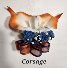 Load image into Gallery viewer, Orange Navy Blue Rose Calla Lily Bridal Wedding Bouquet Accessories