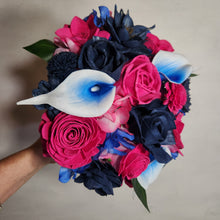 Load image into Gallery viewer, Fuchsia Navy Blue Rose Calla Lily Sola Wood Bridal Wedding Bouquet Accessories