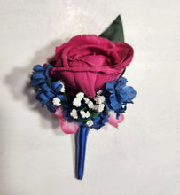 Load image into Gallery viewer, Fuchsia Navy Blue Rose Calla Lily Sola Wood Bridal Wedding Bouquet Accessories