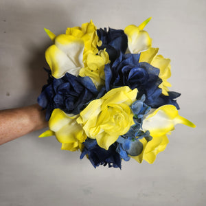 Yellow Navy Blue Rose Calla Lily Bridal Wedding Bouquet Accessories