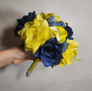 Yellow Navy Blue Rose Calla Lily Bridal Wedding Bouquet Accessories