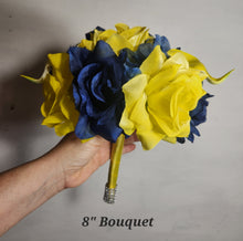 Load image into Gallery viewer, Yellow Navy Blue Rose Calla Lily Bridal Wedding Bouquet Accessories