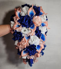 Load image into Gallery viewer, Peach Royal Blue White Rose Calla Lily Bridal Wedding Bouquet Accessories