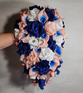 Peach Royal Blue White Rose Calla Lily Bridal Wedding Bouquet Accessories