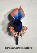 Load image into Gallery viewer, Peach Royal Blue White Rose Calla Lily Bridal Wedding Bouquet Accessories