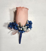 Load image into Gallery viewer, Peach Royal Blue White Rose Calla Lily Bridal Wedding Bouquet Accessories