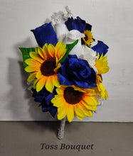 Load image into Gallery viewer, Navy Blue White Rose Sunflower Bridal Wedding Bouquet Accessories