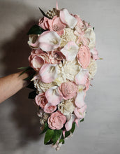 Load image into Gallery viewer, Blush Pink Ivory Rose Calla Lily Sola Bridal Wedding Bouquet Accessories