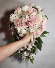 Load image into Gallery viewer, Blush Pink Ivory Rose Calla Lily Sola Bridal Wedding Bouquet Accessories