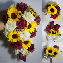 Load image into Gallery viewer, Burgundy Ivory Rose Sunflower Bridal Wedding Bouquet Accessories