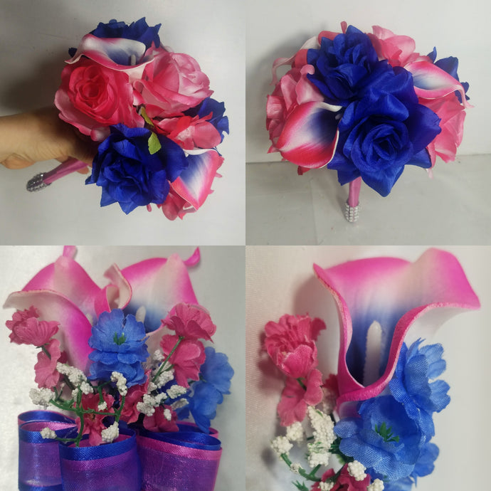 Fuchsia Royal Blue Rose Calla Lily Lily Bridal Wedding Bouquet Accessories