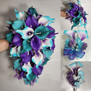 Teal Purple White Calla Lily Bridal Wedding Bouquet Accessories
