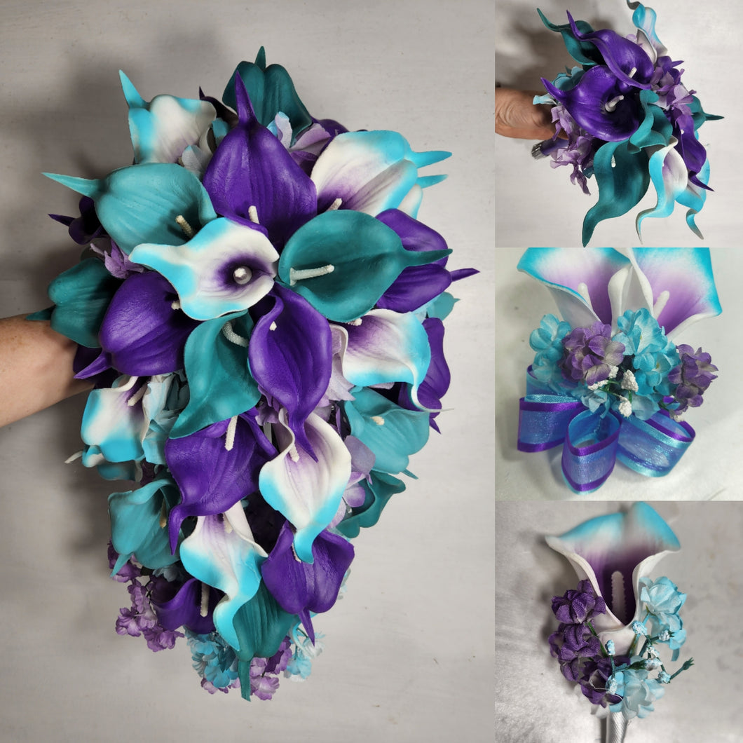 Teal Purple White Calla Lily Bridal Wedding Bouquet Accessories