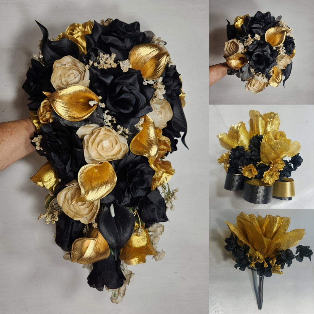 Gold Black Rose Calla Lily Bridal Wedding Bouquet Accessories