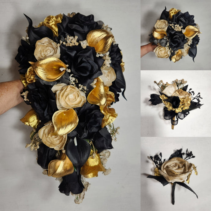 Black Gold Rose Call Lily Sola Wood Bridal Wedding Bouquet Accessories