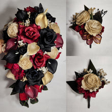 Load image into Gallery viewer, Burgundy Black Gold Sola Wood Bridal Wedding Bouquet Accessories