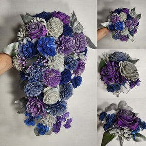 Royal Blue Purple Silver Vintage Sola Wood Flower Bridal Wedding Bouquet Accessories
